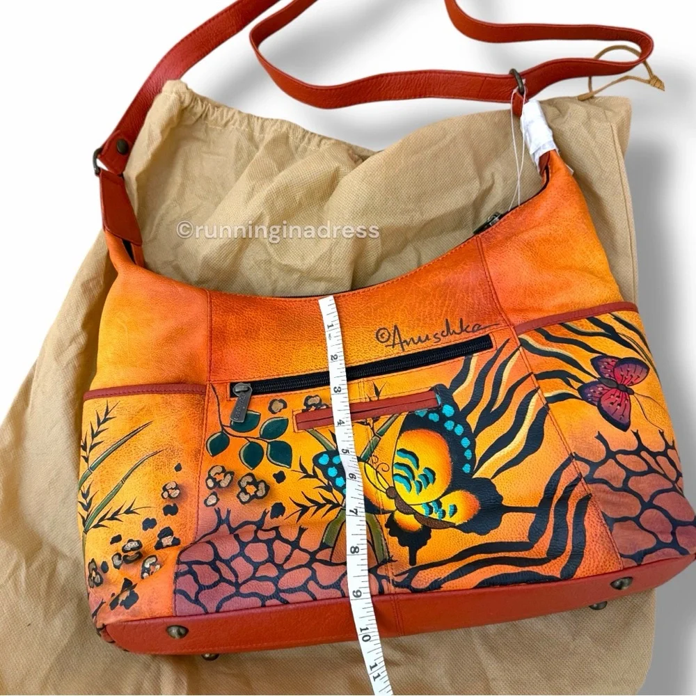 Anuschka Hand-Painted Leather Convertible Hobo Animal Butterfly Print Tangerine